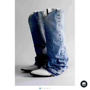 R13 mid cowboy boot with denim
sleeve - blue and white›